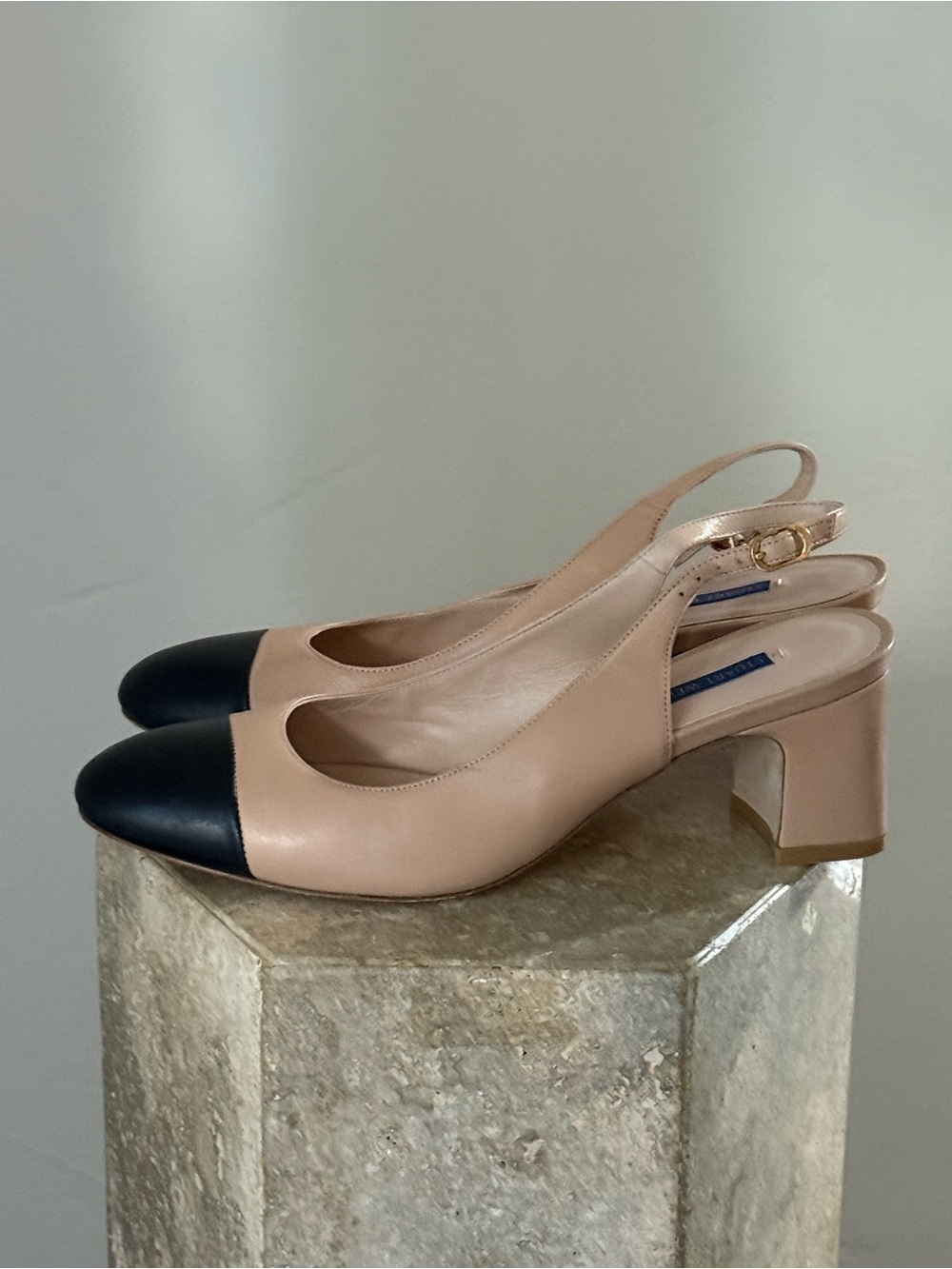 Stuart Weitzman Beige and Black Two-Tone Slingback Heels